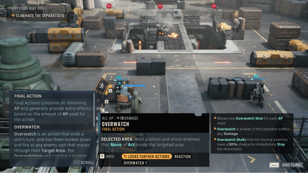 EA’s tactical combat interface showing an Overwatch action preview and battlefield positions.